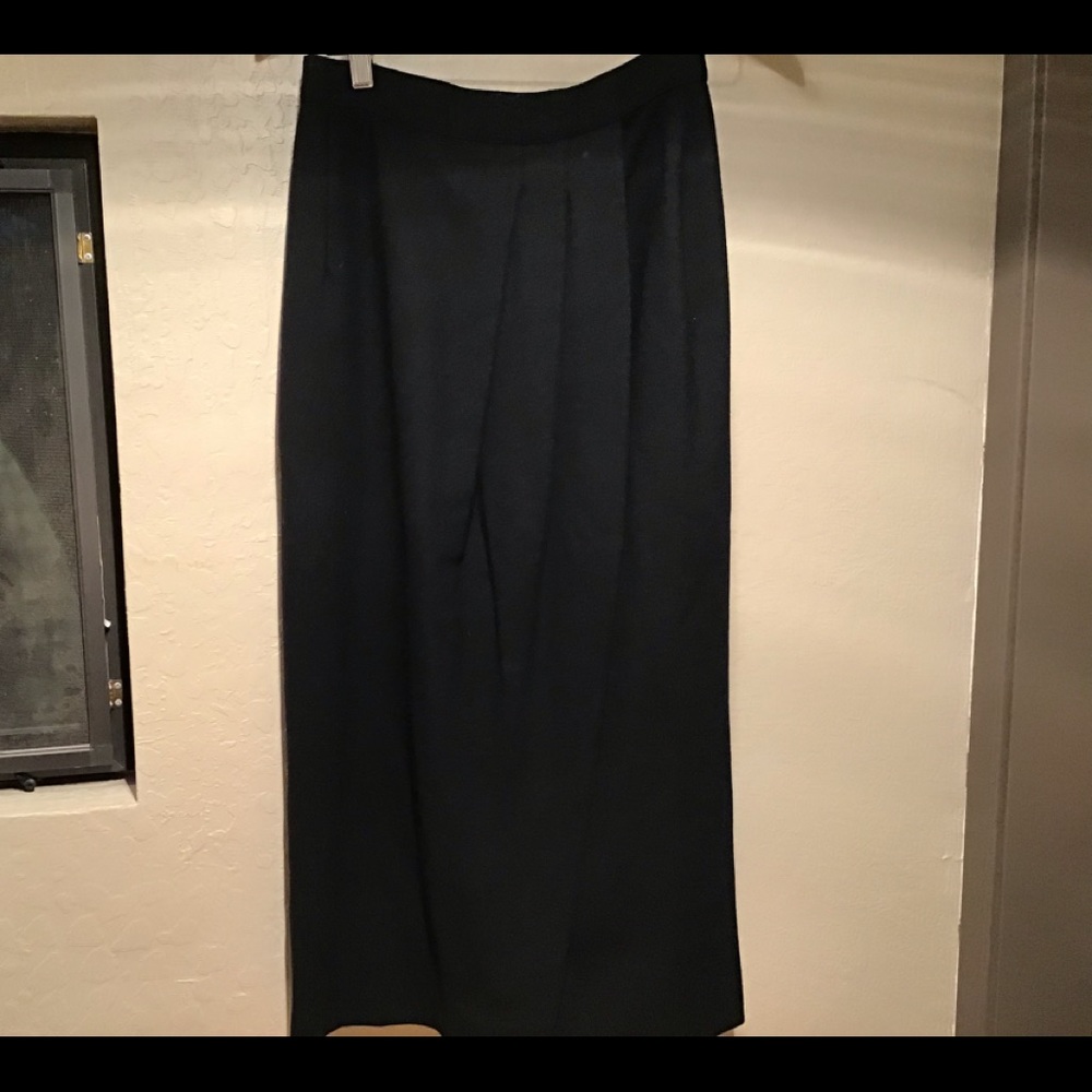 Black wool crepe faux wrap skirt